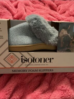 isotoner Light Blue Faux Fur Memory Foam Slide Slippers